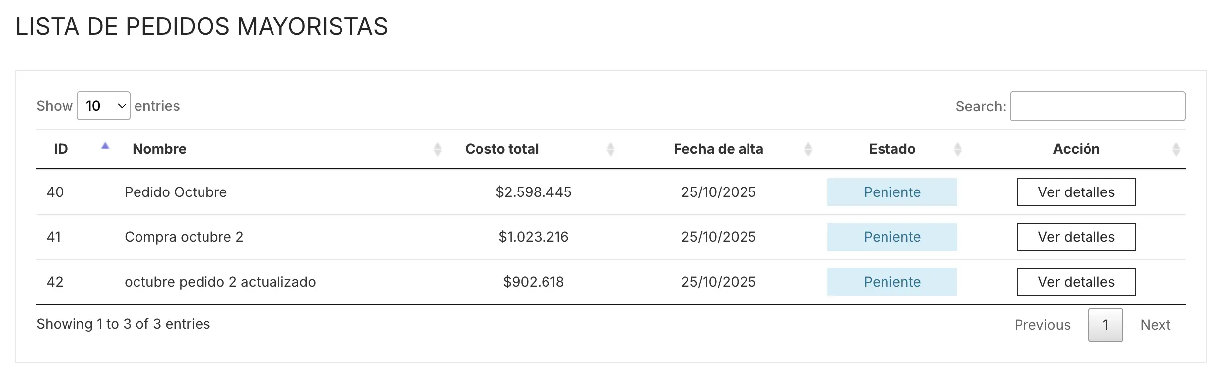 Listado de pedidos mayoristas